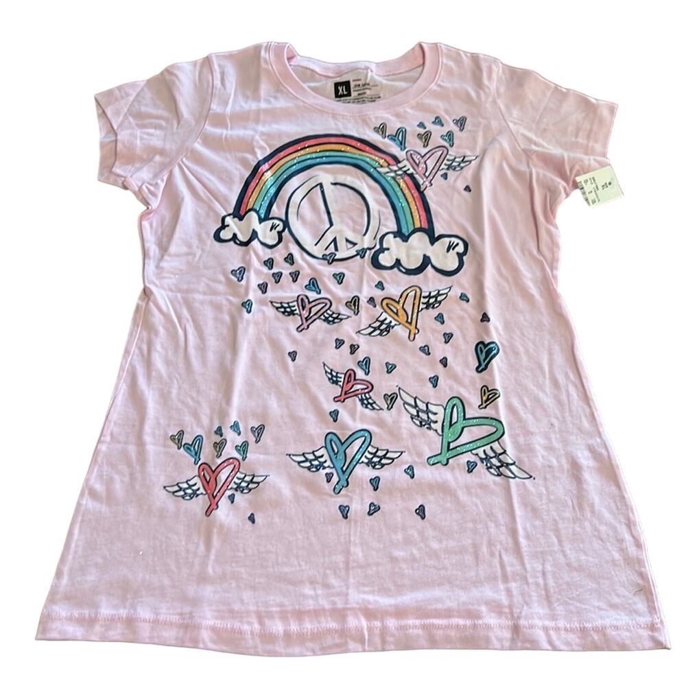 Girls XL Pink Sparkle Rainbow Hearts Tee Shirt Knit Top